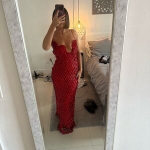 ASOS DESIGN embellished lattice maxi dress with fringing and wave neckline